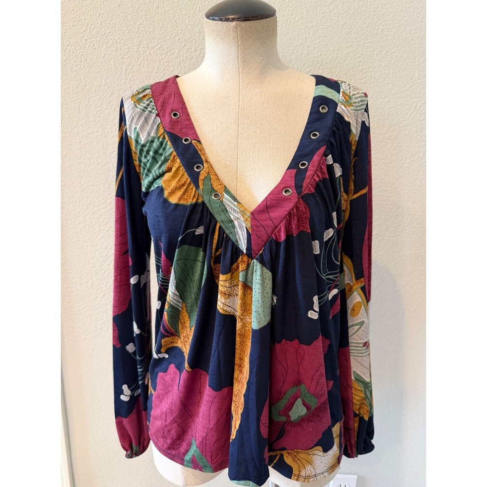Daytrip Womens XS Floral Blouse Navy Pink Deep V Neck Grommet Long Sleeve USA